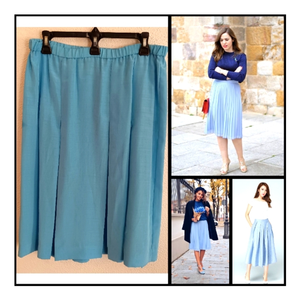 Vintage 70's Shrader Tiffany Blue Seventies Pleated Midi Skirt Size 12P